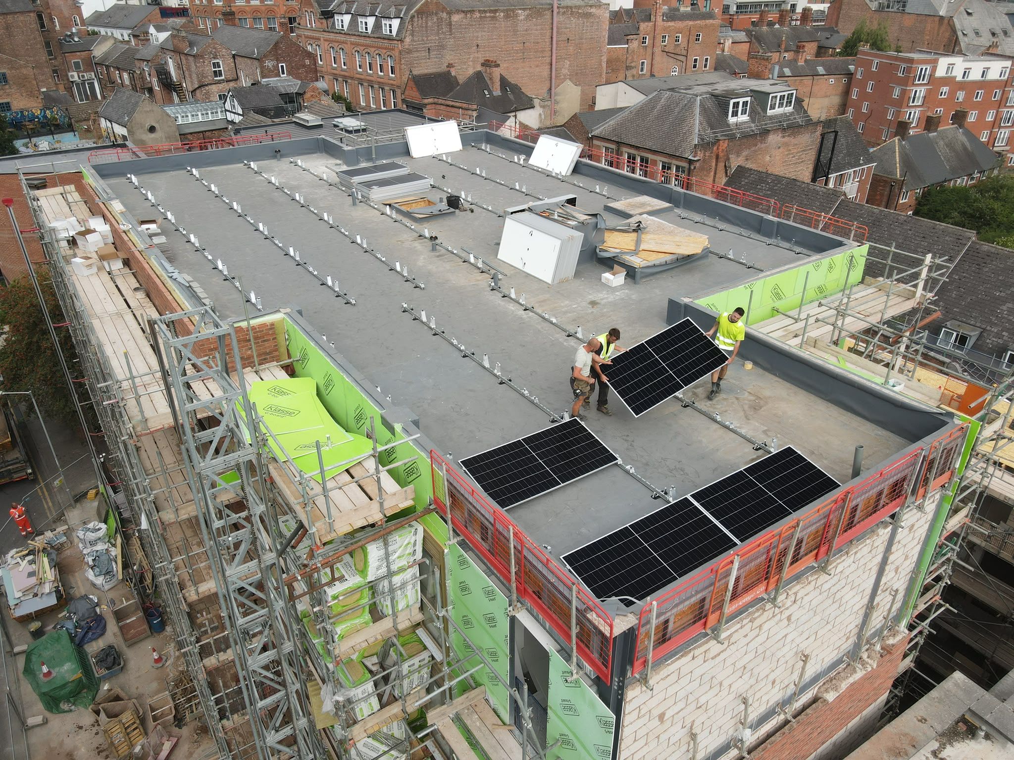Solar panel installation on a commercial rooftop