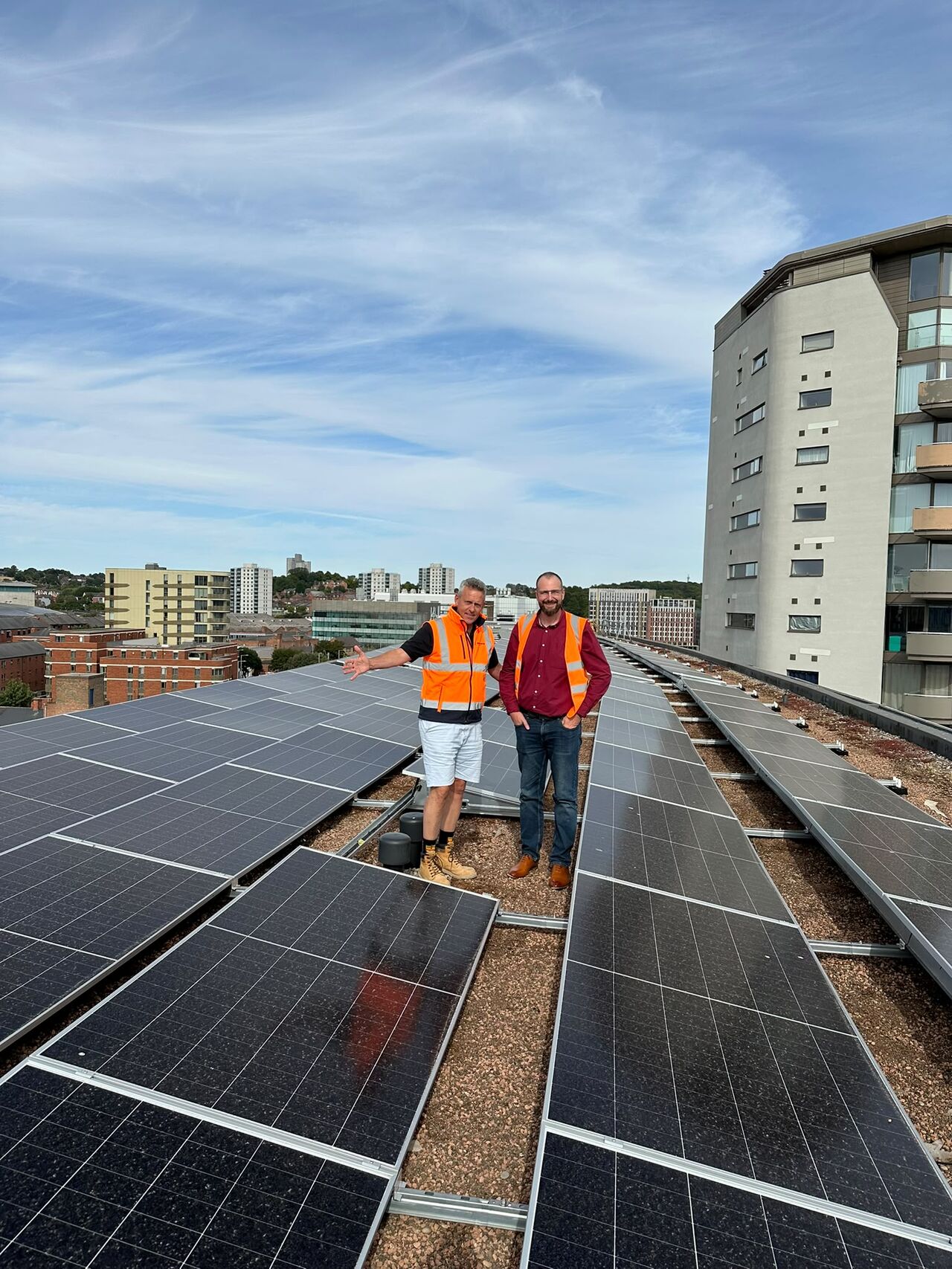 Solvexa director and site team on the completed rooftop solar installation in Nottingham